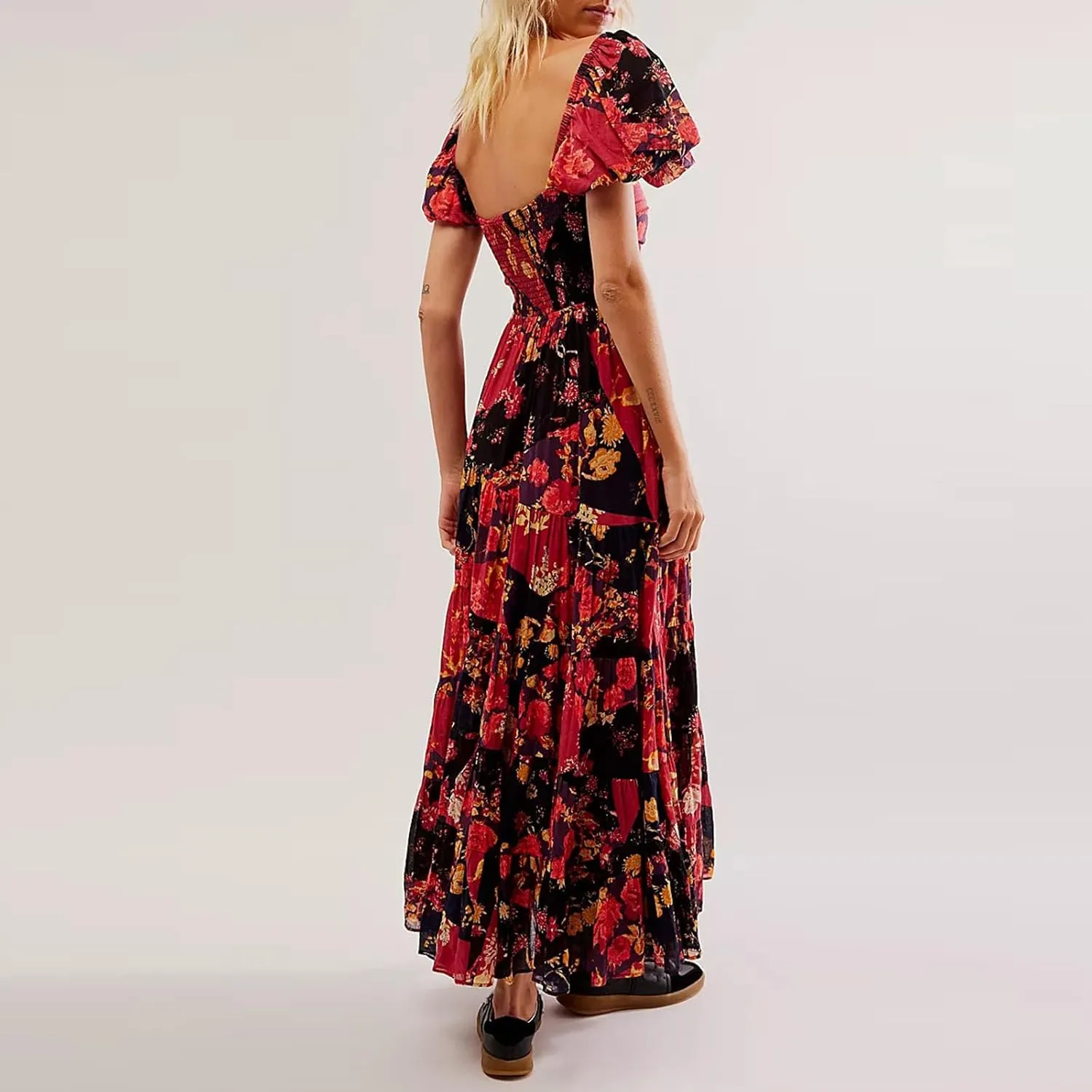 Women Summer Boho Floral Maxi Dress Square Neck Puff Sleeve Long Dress Smocked Flowy Beach Sundress