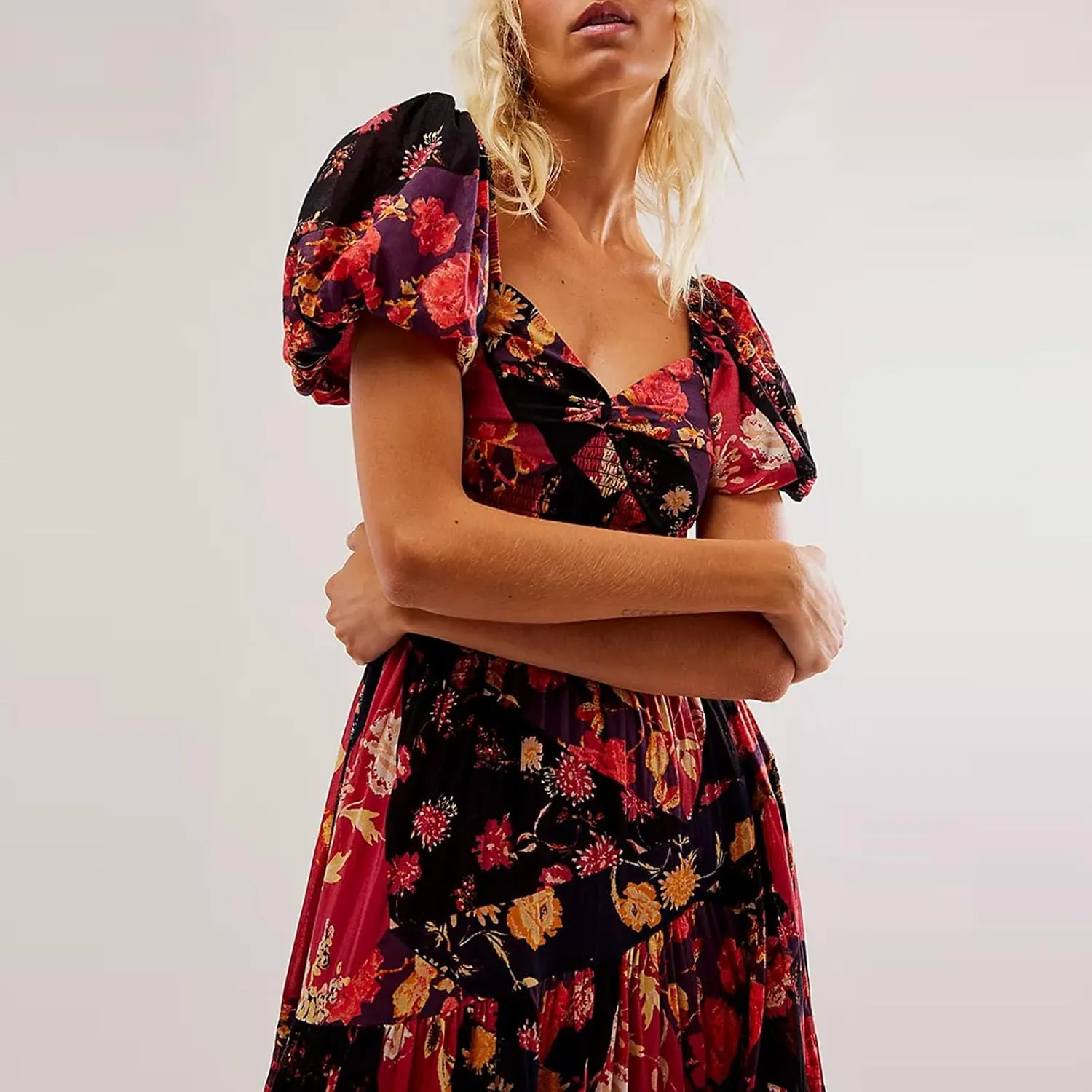 Women Summer Boho Floral Maxi Dress Square Neck Puff Sleeve Long Dress Smocked Flowy Beach Sundress