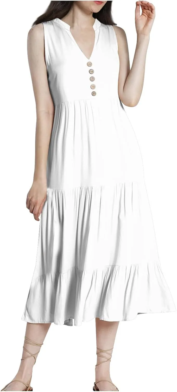 Women Summer Casual Sleeveless Midi Sundress Button Fit & Flare A-Line Flowy Ruffle Long Dresses 2024 Beach Dress