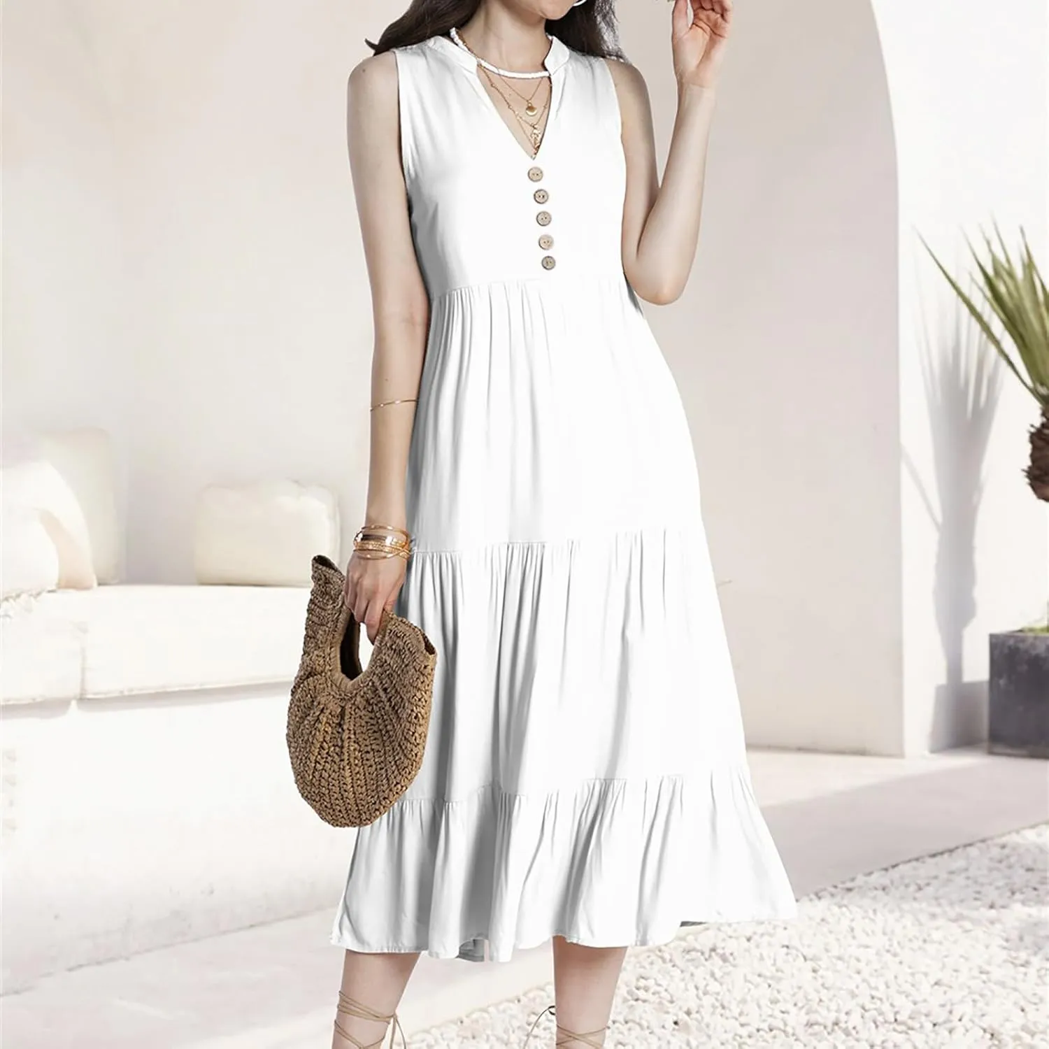Women Summer Casual Sleeveless Midi Sundress Button Fit & Flare A-Line Flowy Ruffle Long Dresses 2024 Beach Dress