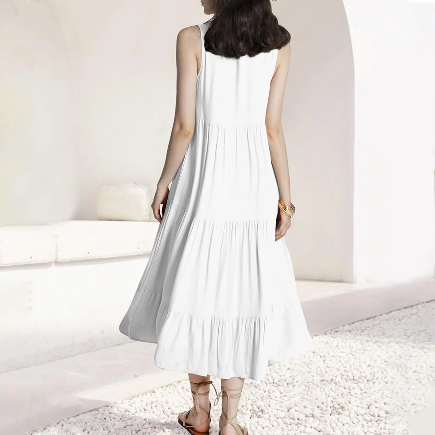 Women Summer Casual Sleeveless Midi Sundress Button Fit & Flare A-Line Flowy Ruffle Long Dresses 2024 Beach Dress