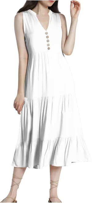 Women Summer Casual Sleeveless Midi Sundress Button Fit & Flare A-Line Flowy Ruffle Long Dresses 2024 Beach Dress