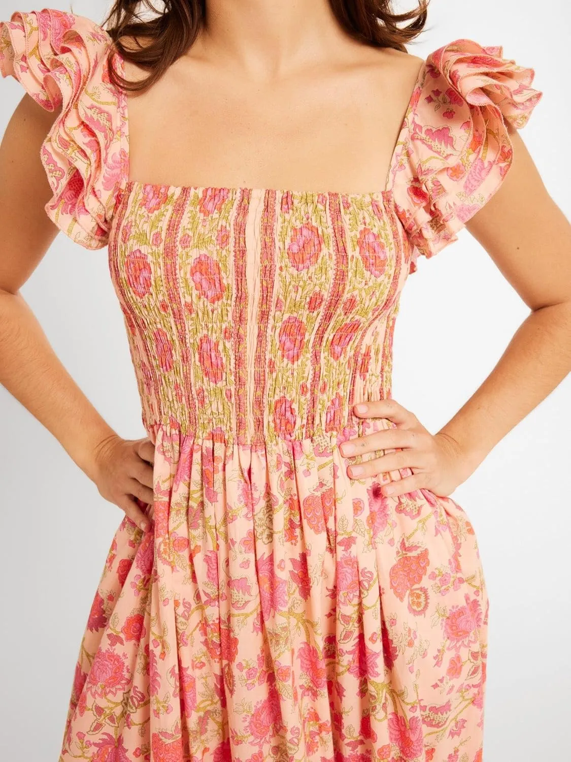Women Summer Floral Smocked Midi Dress Ruffle Tiered Cap Sleeve Long Dress Flowy Swing A Line Beach Sundress