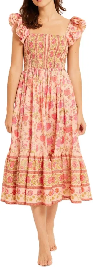 Women Summer Floral Smocked Midi Dress Ruffle Tiered Cap Sleeve Long Dress Flowy Swing A Line Beach Sundress