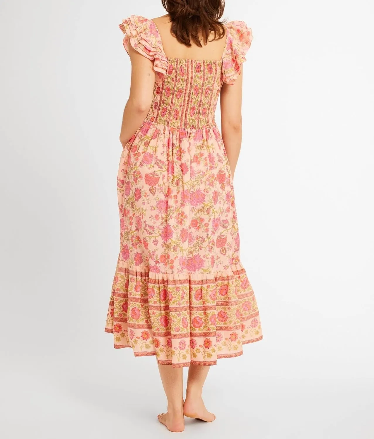 Women Summer Floral Smocked Midi Dress Ruffle Tiered Cap Sleeve Long Dress Flowy Swing A Line Beach Sundress