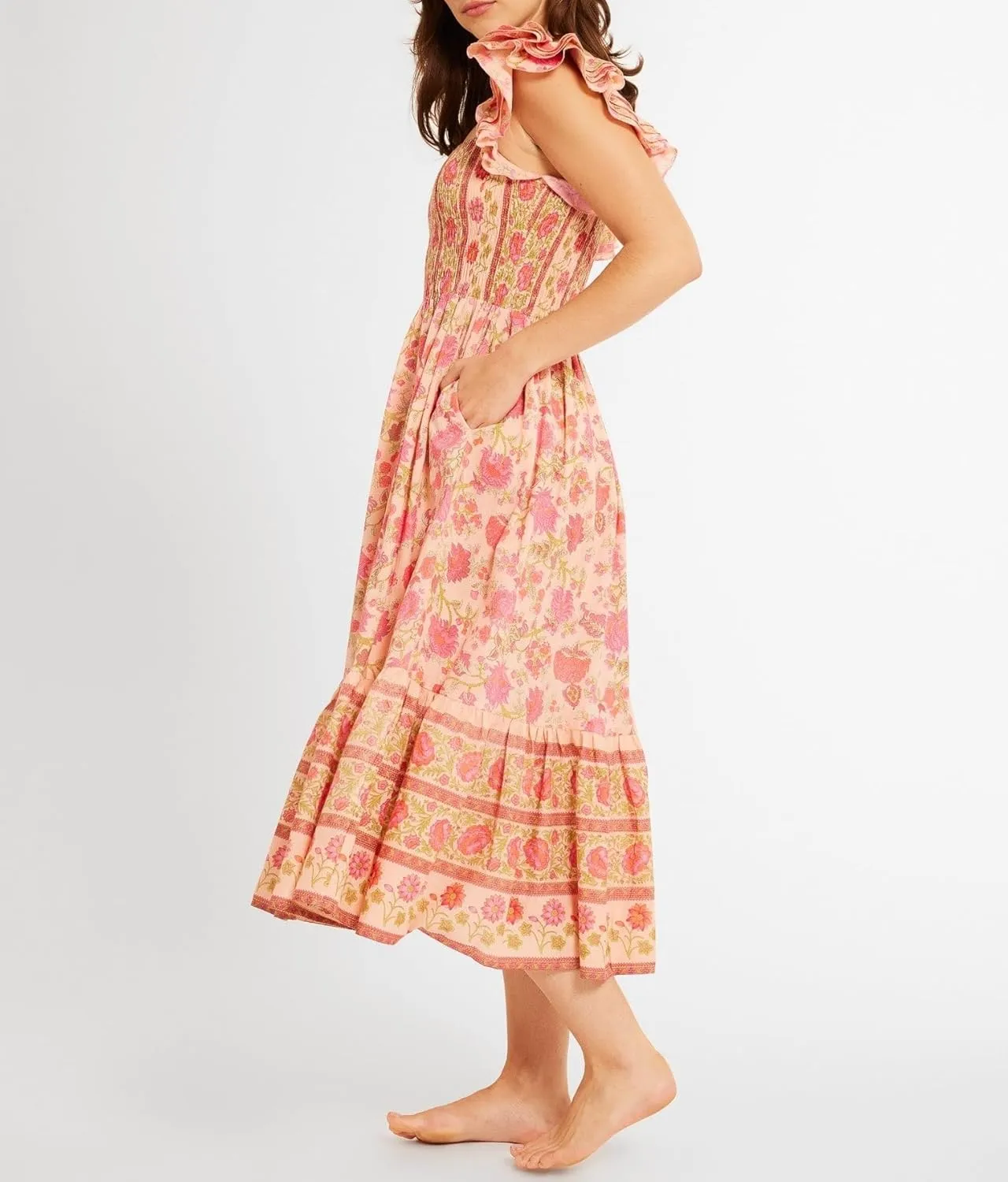 Women Summer Floral Smocked Midi Dress Ruffle Tiered Cap Sleeve Long Dress Flowy Swing A Line Beach Sundress