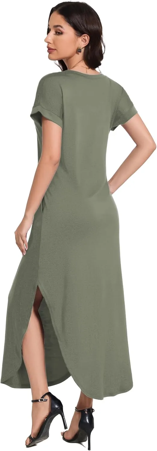 Women Summer Long Sundress Crewneck Short Sleeve Maxi Dress 2025 Casual Loose Beach Dress with Pockets