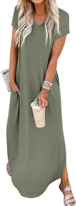 Women Summer Long Sundress Crewneck Short Sleeve Maxi Dress 2025 Casual Loose Beach Dress with Pockets