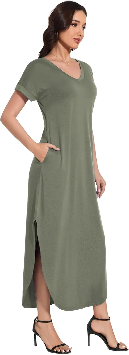 Women Summer Long Sundress Crewneck Short Sleeve Maxi Dress 2025 Casual Loose Beach Dress with Pockets