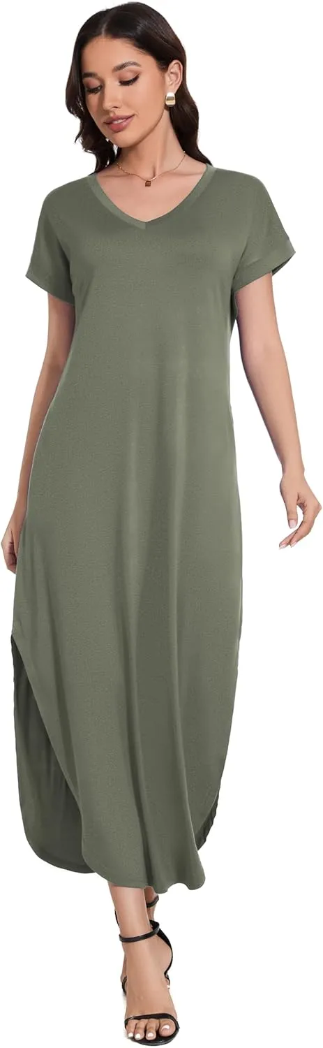 Women Summer Long Sundress Crewneck Short Sleeve Maxi Dress 2025 Casual Loose Beach Dress with Pockets
