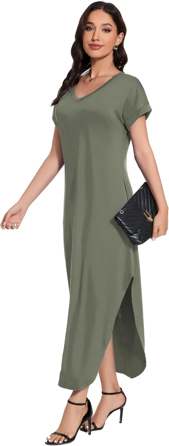 Women Summer Long Sundress Crewneck Short Sleeve Maxi Dress 2025 Casual Loose Beach Dress with Pockets