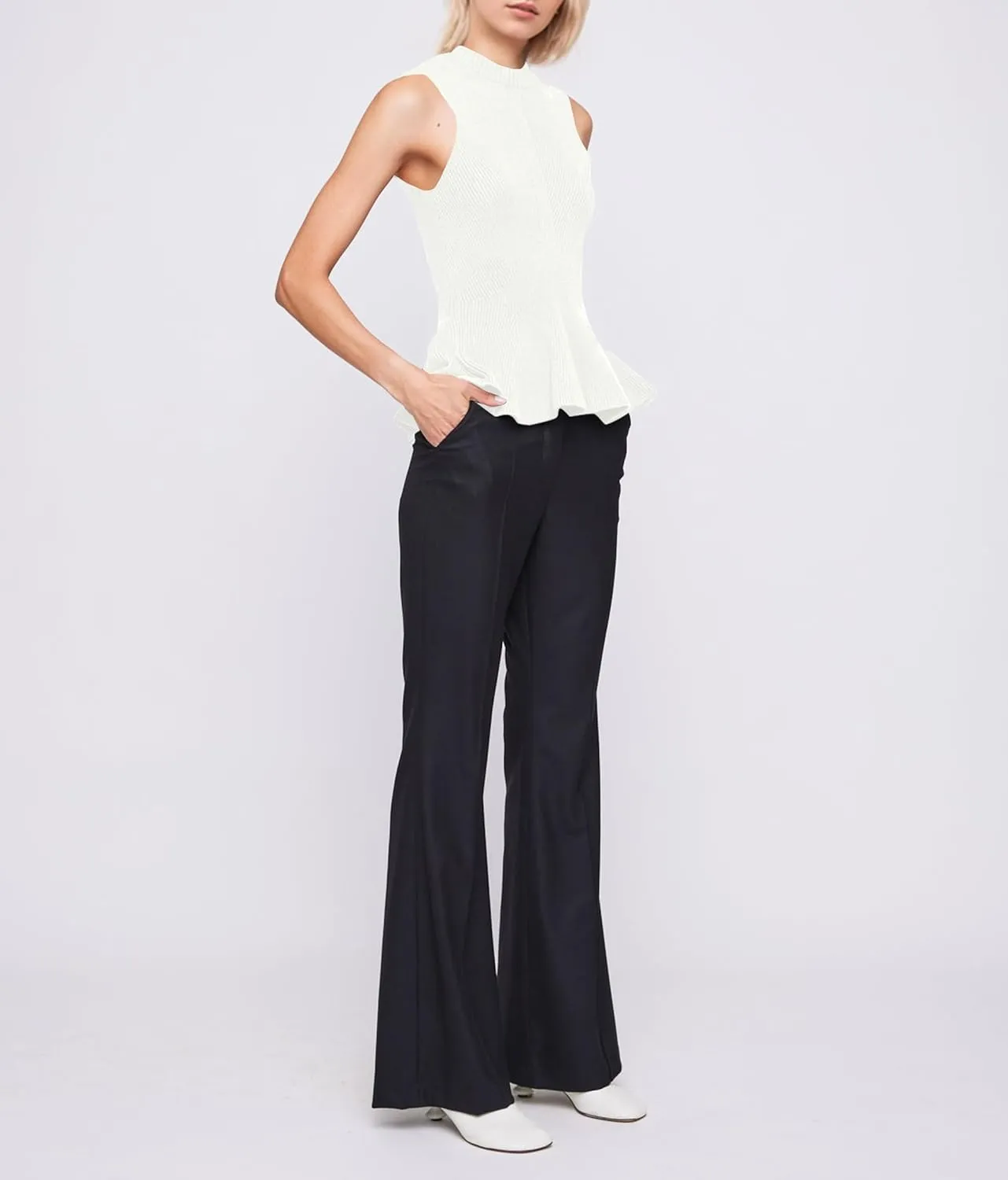 Women Turtleneck Peplum Tank Tops Ribbed Knit Sweater Vests Sleeveless Ruffle Tank Tops Mock Neck Fitted Shirts Tops