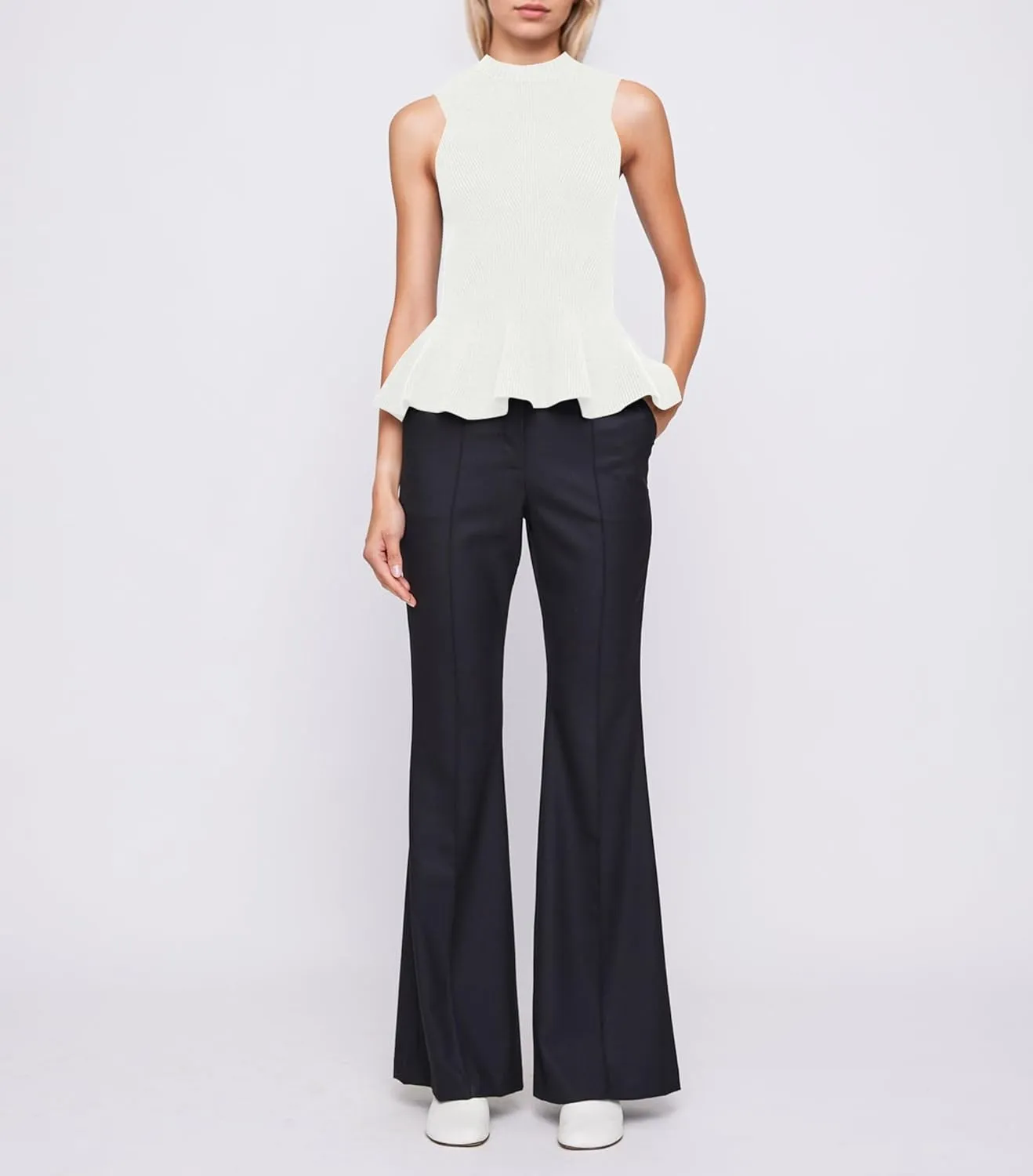 Women Turtleneck Peplum Tank Tops Ribbed Knit Sweater Vests Sleeveless Ruffle Tank Tops Mock Neck Fitted Shirts Tops