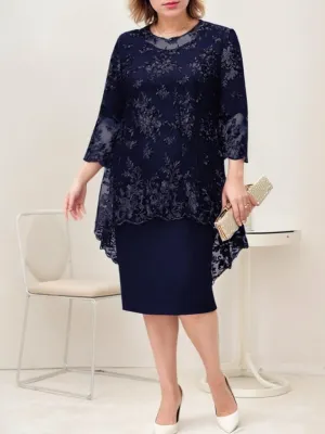 Women Two Piece Set Dress with Jacket Summer Boho Lace Long Sleeve Crewneck Asymmetrical Wedding Guest Midi Dress