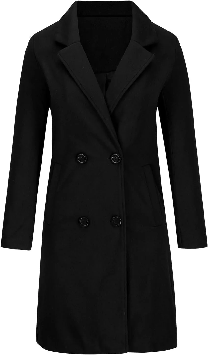 Women Winter Wool Blend Mid-Long Coat Notch Double-Breasted Lapel Jacket Outwear Business Casual Trench Coat Overcoats