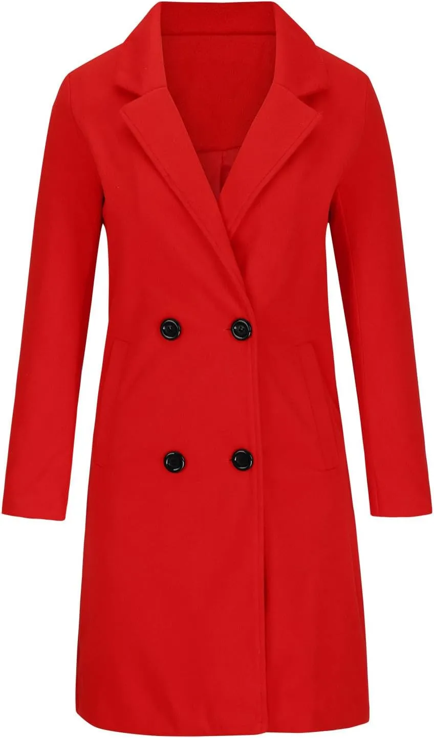 Women Winter Wool Blend Mid-Long Coat Notch Double-Breasted Lapel Jacket Outwear Business Casual Trench Coat Overcoats
