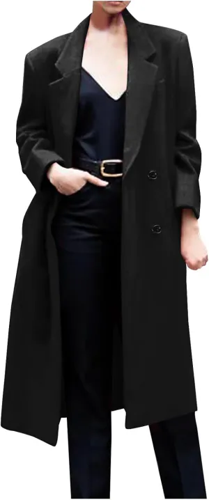 Women Winter Wool Blend Mid-Long Coat Notch Double-Breasted Lapel Jacket Outwear Business Casual Trench Coat Overcoats