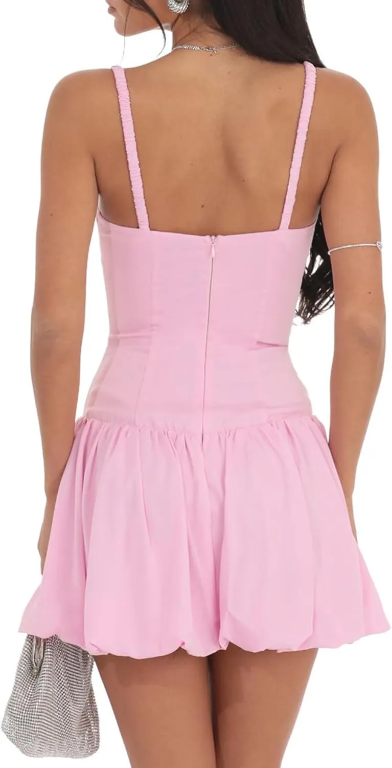 Women Y2k Bubble Tank Mini Dress Sleeveless Backless Ruffle Puffball Short Dress Summer Puffy Dresses for Party Club
