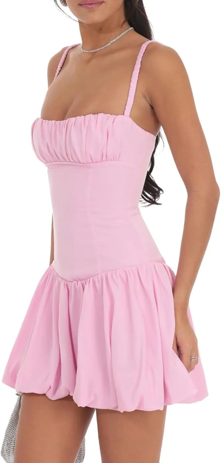 Women Y2k Bubble Tank Mini Dress Sleeveless Backless Ruffle Puffball Short Dress Summer Puffy Dresses for Party Club