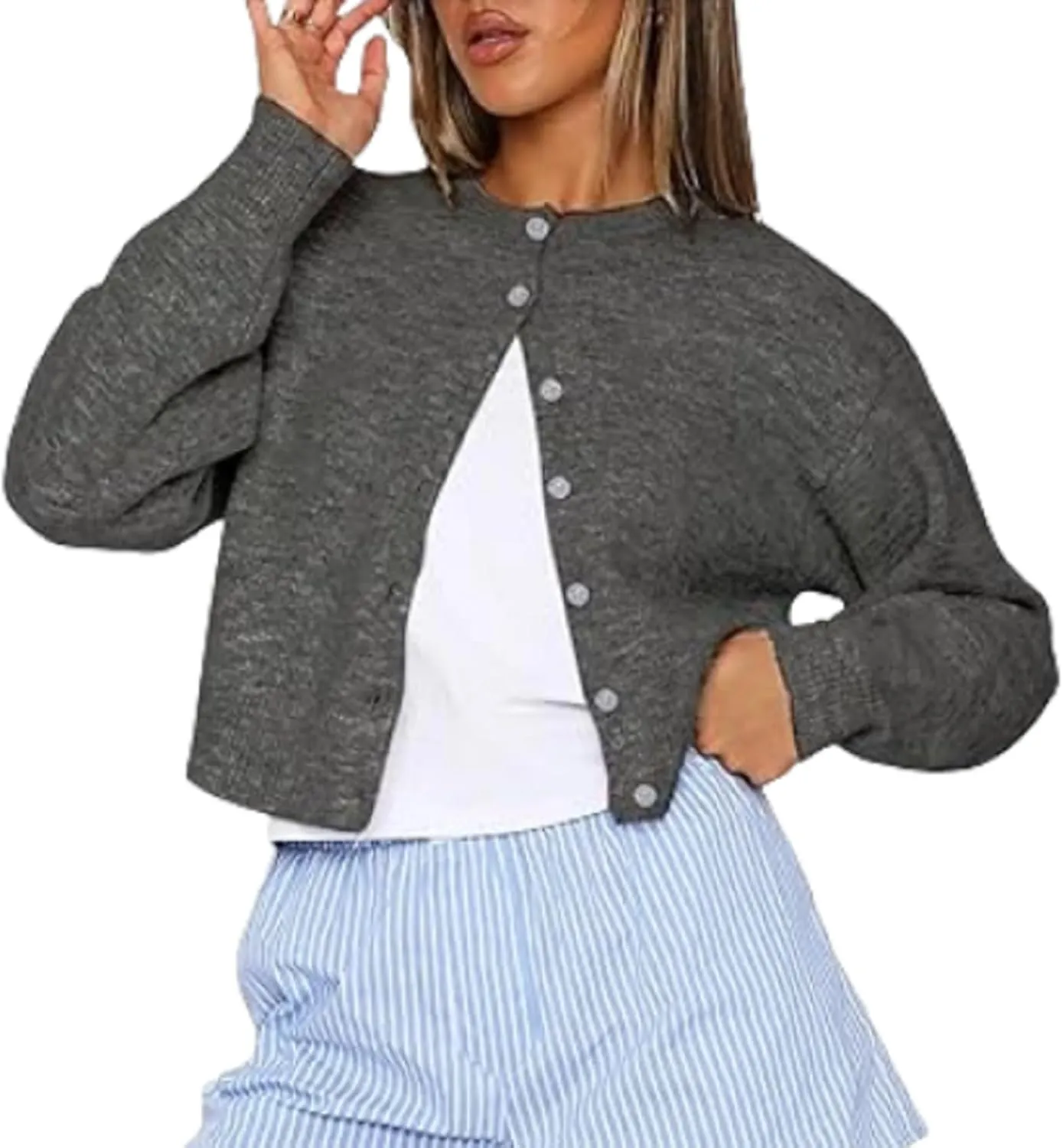 Women Y2k Button Down Crop Sweater Cardigan Long Sleeve Open Front Crewneck Cardigan Cute Knit Pullover Tops