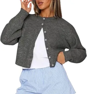 Women Y2k Button Down Crop Sweater Cardigan Long Sleeve Open Front Crewneck Cardigan Cute Knit Pullover Tops