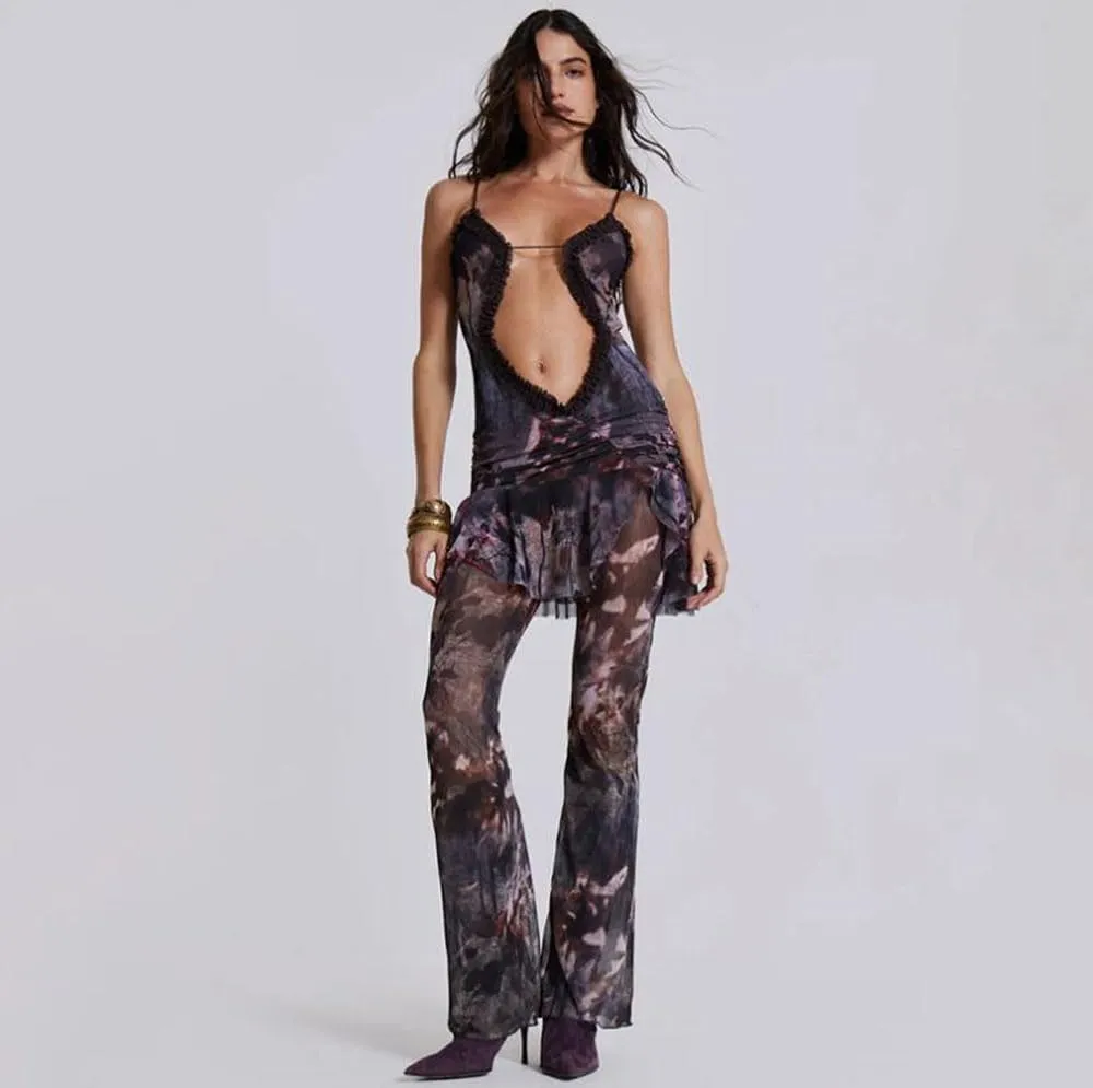 Women Y2K Floral Backless Mini Dress Sexy Sleeveless Low Cut Lace Patchwork Bodycon Short Dress Boho Beach Sundress