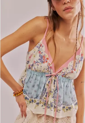 Women Y2k Floral Mesh Cami Tops Tie Front Spaghetti Strap V Neck Lace Up Camisole Summer Going Out Tank Top