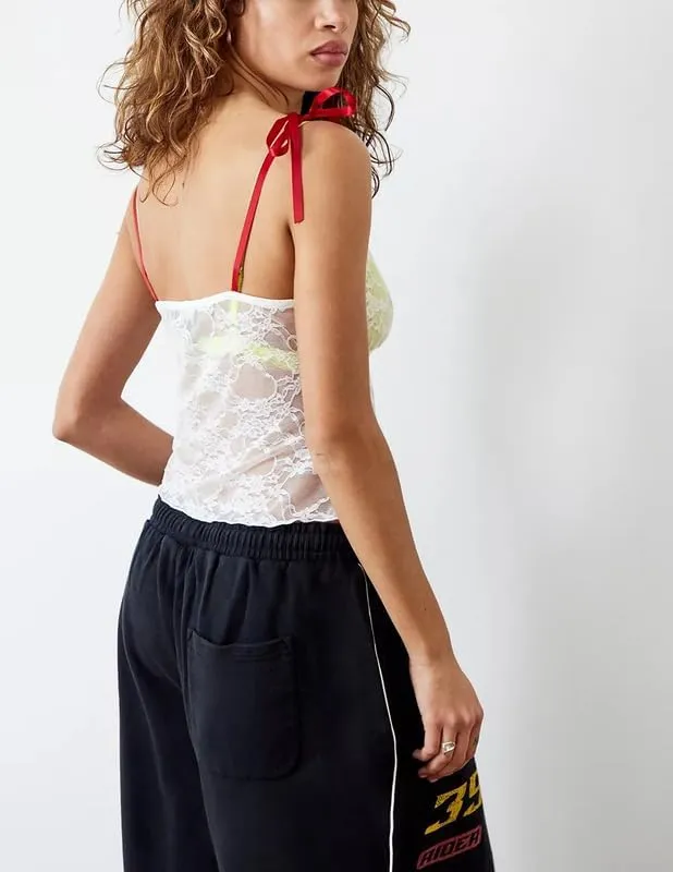 Women Y2k Lace Camisole Crop Tops Sexy Spaghetti Strap See Through Cami Sheer Mesh Going Out Tank Top