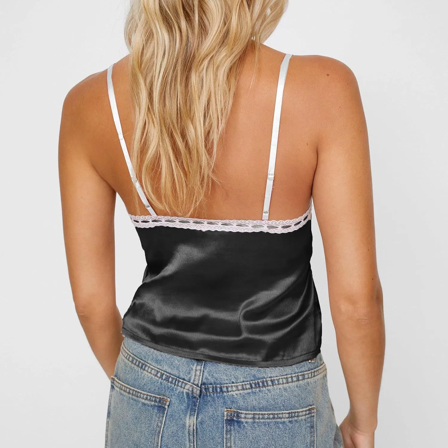 Women Y2k Lace Trim Satin Camisole Pleated Bust Spaghetti Strap Tank Top Backless Silk Cami Shirt Cute Summer Tops 2025