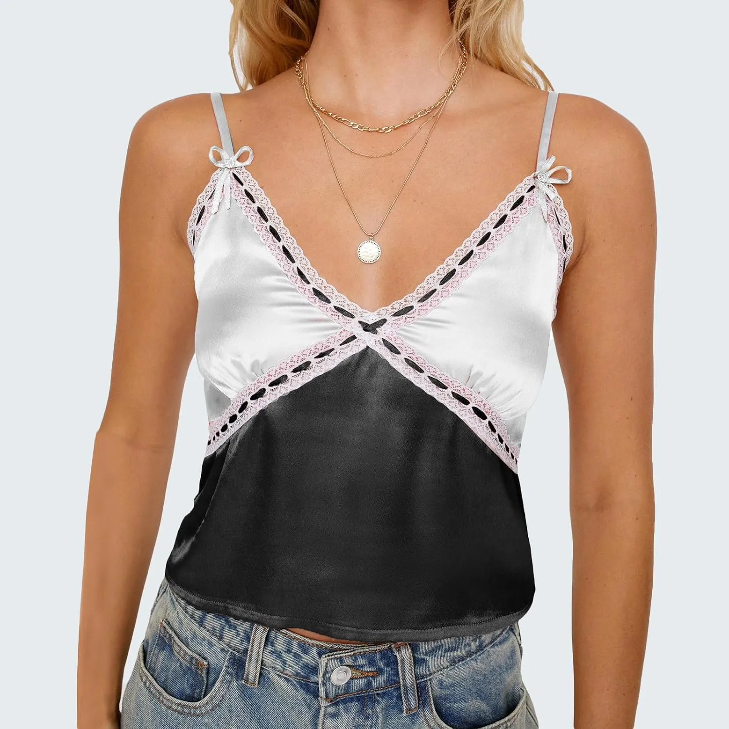 Women Y2k Lace Trim Satin Camisole Pleated Bust Spaghetti Strap Tank Top Backless Silk Cami Shirt Cute Summer Tops 2025