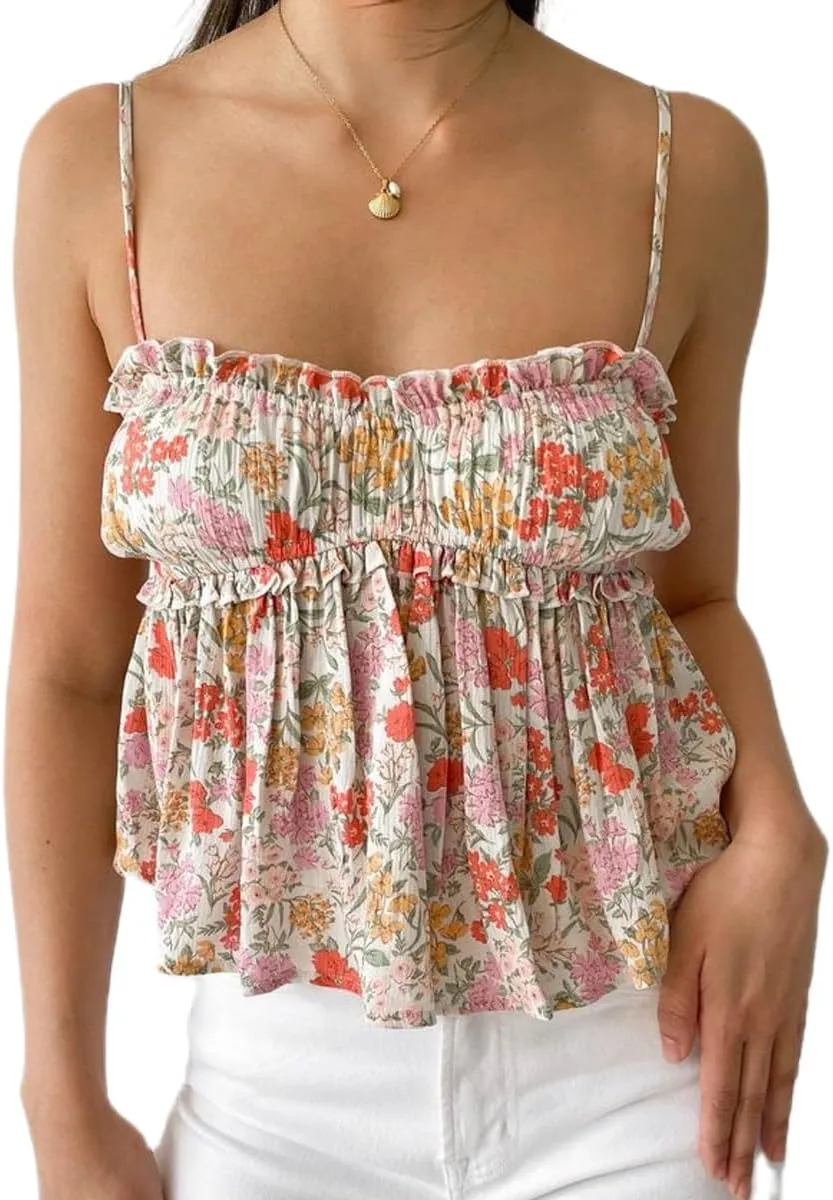 Women Y2k Peplum Tank Top Boho Beach Spaghetti Strap Camisole Aesthetic Frill Trim Sleeveless Babydoll Crop Tops