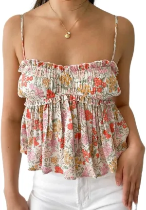 Women Y2k Peplum Tank Top Boho Beach Spaghetti Strap Camisole Aesthetic Frill Trim Sleeveless Babydoll Crop Tops