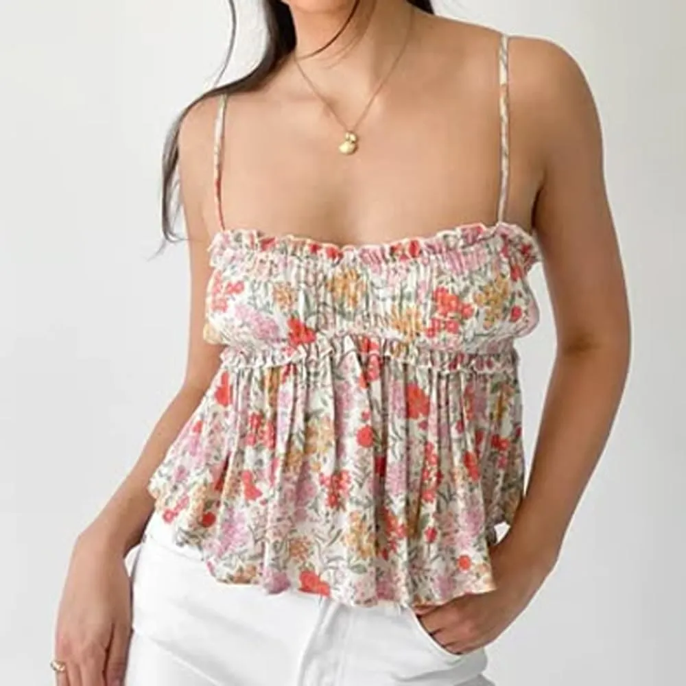 Women Y2k Peplum Tank Top Boho Beach Spaghetti Strap Camisole Aesthetic Frill Trim Sleeveless Babydoll Crop Tops