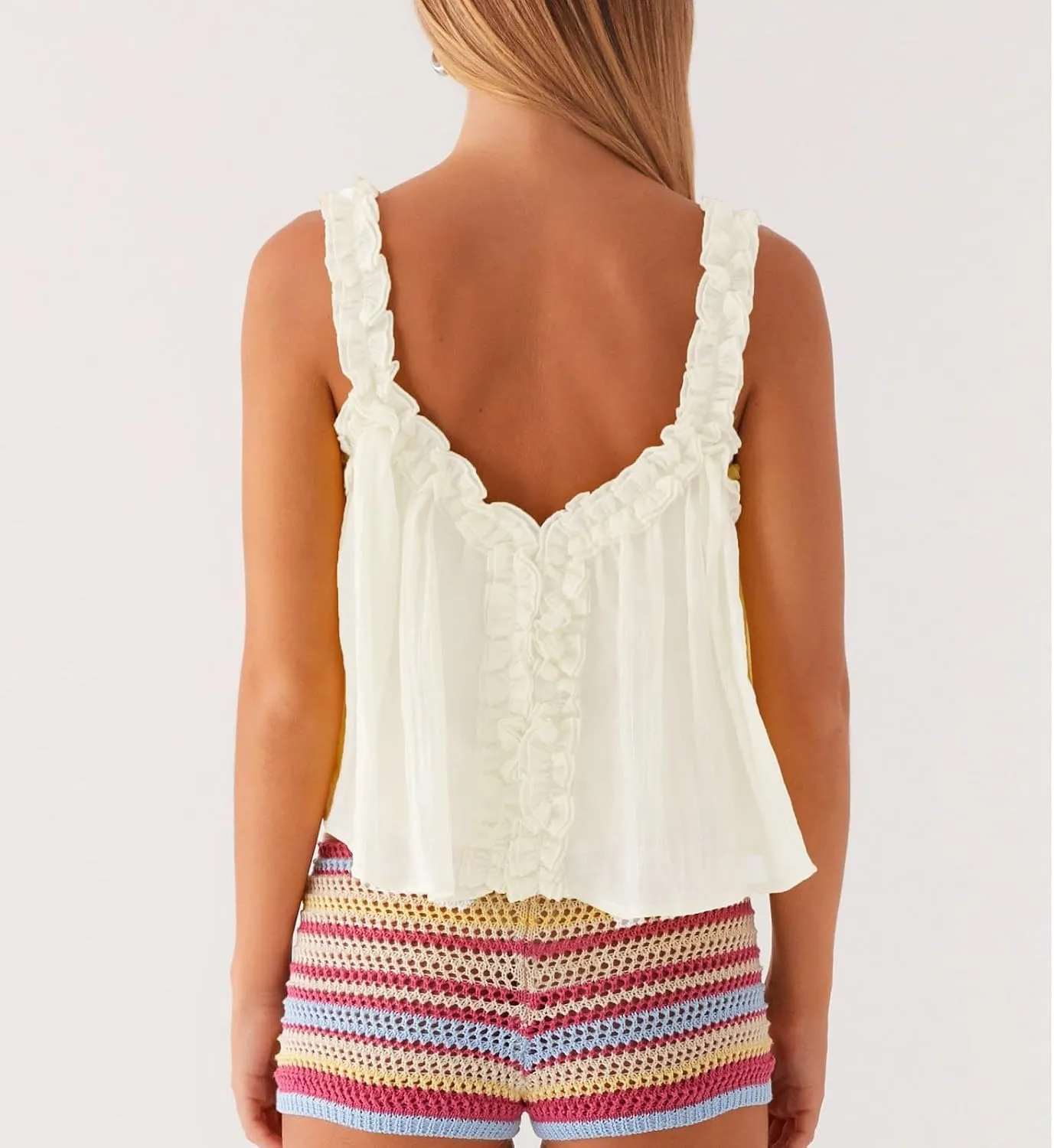 Women Y2k Ruffle Hem Crop Tank Tops Sleeveless Spaghetti Strap Flowy Camisoles Sexy V Neck Babydoll Tops