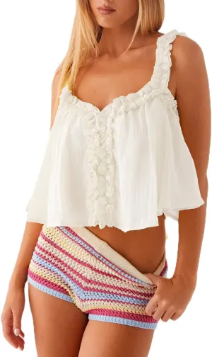 Women Y2k Ruffle Hem Crop Tank Tops Sleeveless Spaghetti Strap Flowy Camisoles Sexy V Neck Babydoll Tops