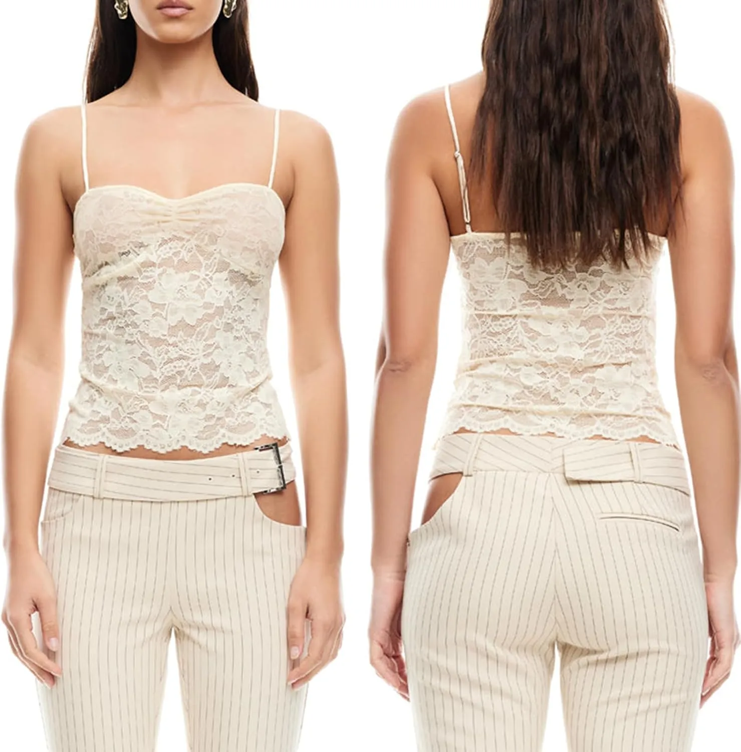 Women Y2k Sheer Lace Crop Tank Tops See Through Mesh Cami Sleeveless Spaghetti Strap Camisoles Going Out Bustier Top