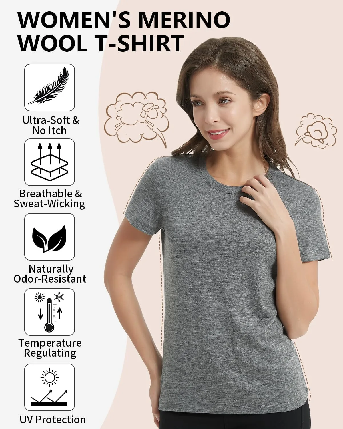 Women's 100% Merino Wool T-Shirt, Crew Neck Lightweight Moisture-Wicking Athletic Base Layer Tops for Running