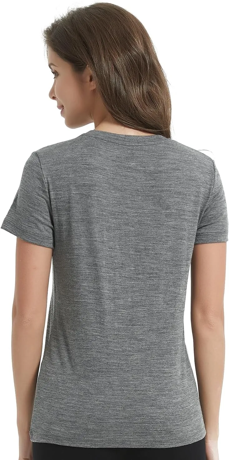 Women's 100% Merino Wool T-Shirt, Crew Neck Lightweight Moisture-Wicking Athletic Base Layer Tops for Running