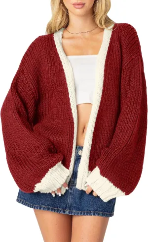 Women's 2025 Fall Long Sleeve Cable Knit Sweater Color Block Open Front Cardigan Chunky Loose Outerwear Coats