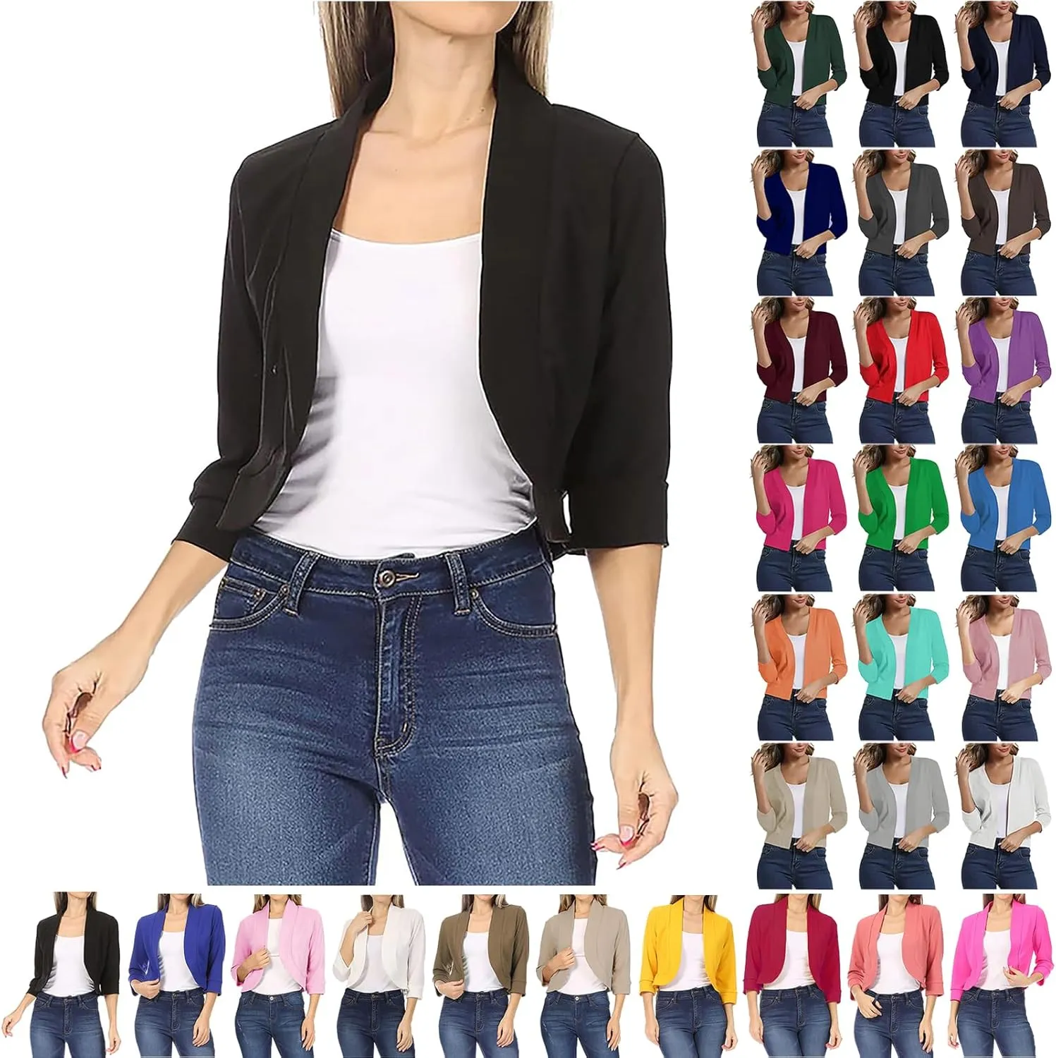 Women's 3/4 Sleeve Cardigan Knit Sweaters Open Front Shrug Blouses Casual Loose Soft Comfy Cropped Cardigan Tops