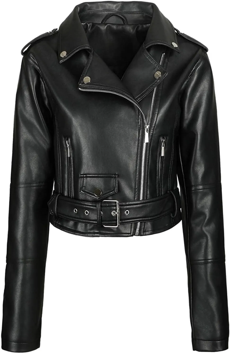 Women's Belted Faux Leather Moto Jacket Spring Fall Clothes Trendy Motorcycle Biker Coat Fashion PU Jacket Coats