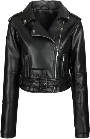 Women's Belted Faux Leather Moto Jacket Spring Fall Clothes Trendy Motorcycle Biker Coat Fashion PU Jacket Coats
