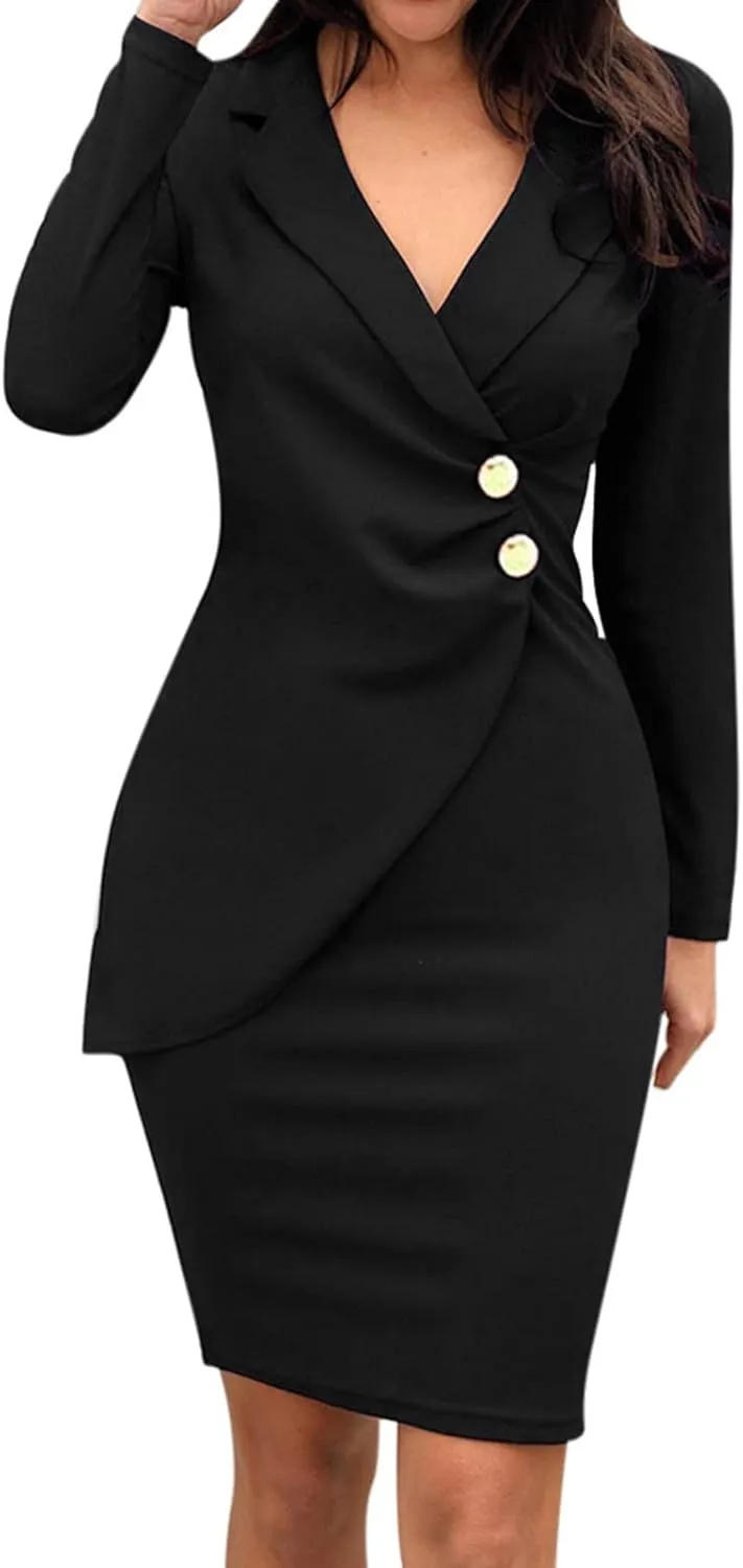 Women's Blazer Dress Long Sleeve Bodycon Wrap Dresses Elegant Button Down Business Formal Work Office Dress