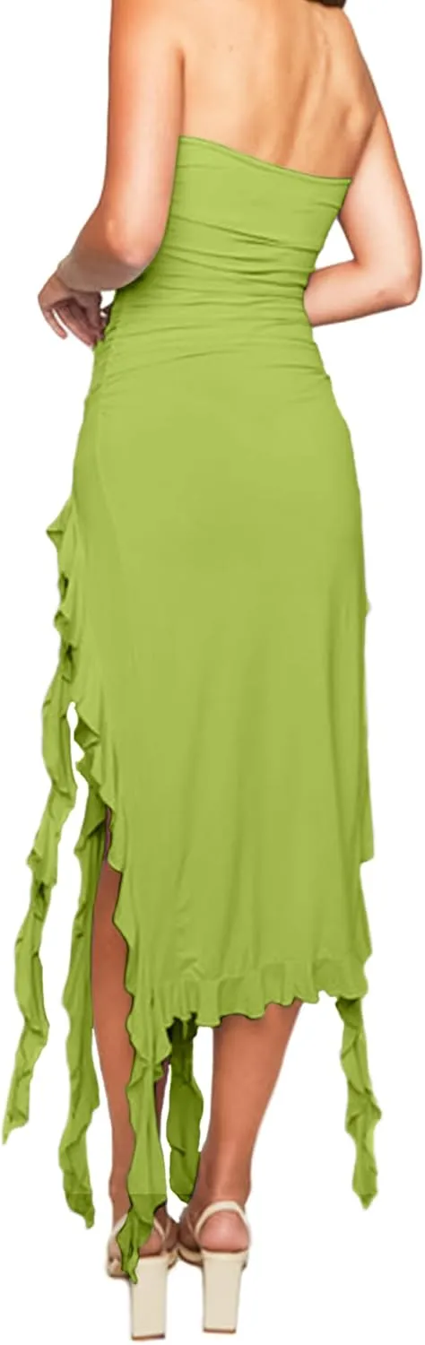 Womens Bodycon Tube Dress Sexy Strapless Y2K Ruffle Trim Irregular Floral Tassel Split Ruched Club Night Party Midi Dress