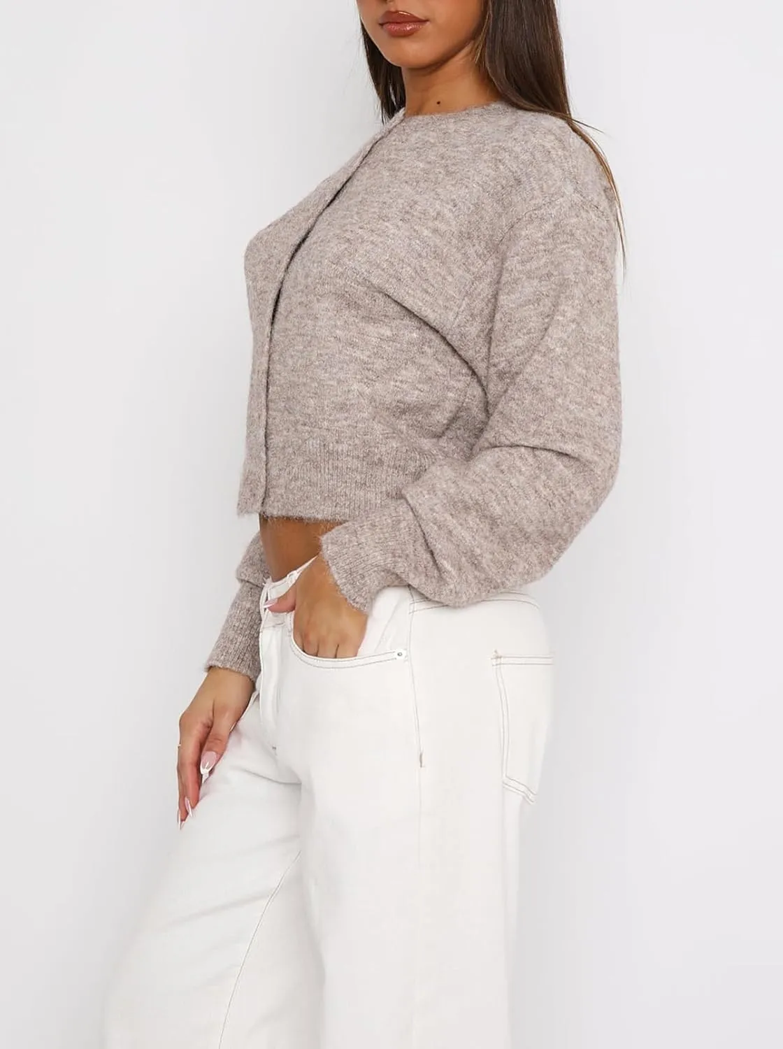 Women's Casual Crop Knit Cardigan Y2K Cute Long Sleeve Crewneck Open Front Button Down Cardigan Sweaters Streetwear
