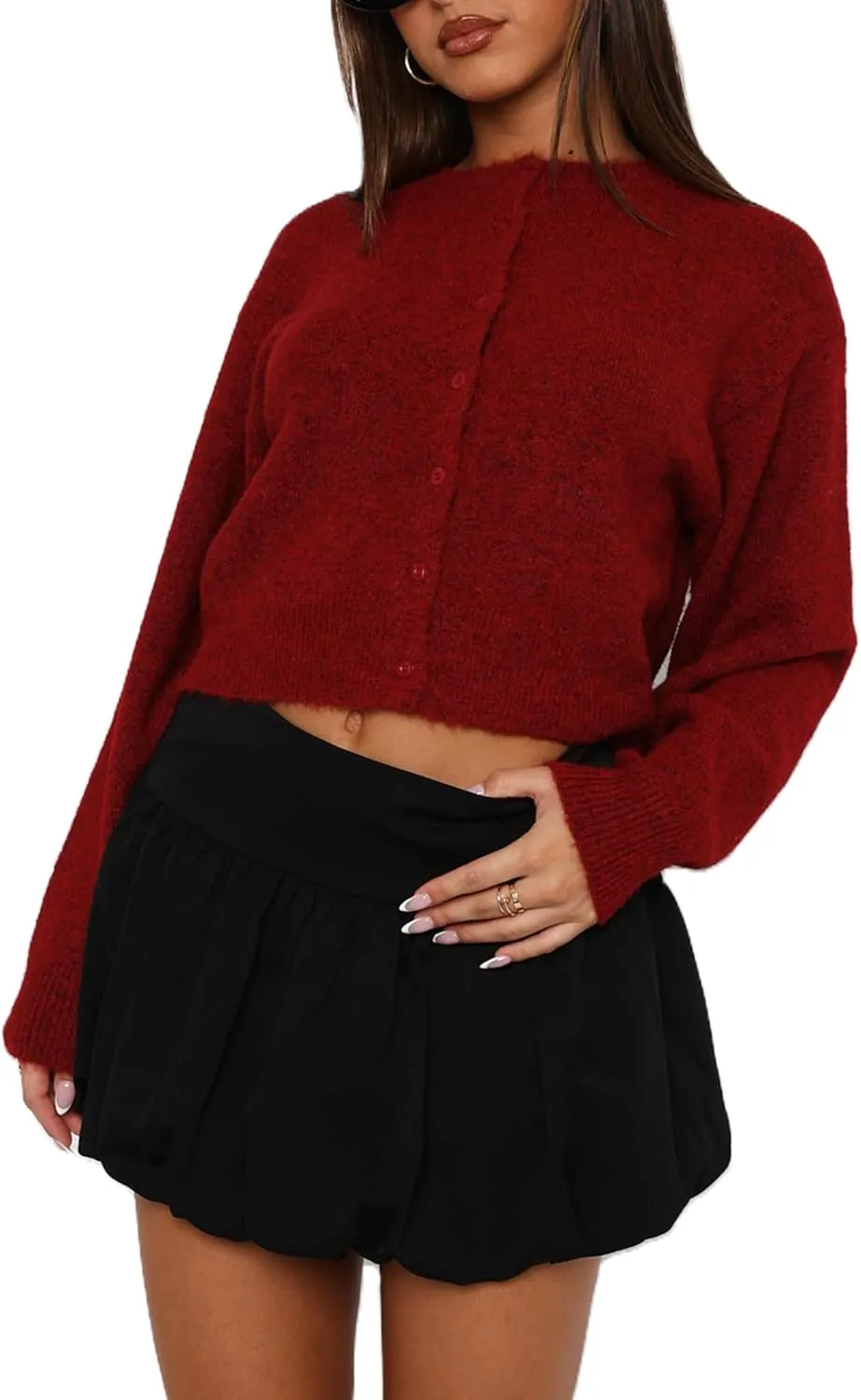 Women's Casual Crop Knit Cardigan Y2K Cute Long Sleeve Crewneck Open Front Button Down Cardigan Sweaters Streetwear