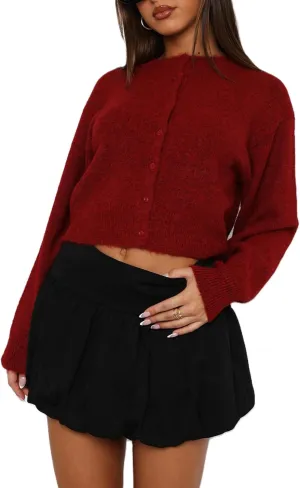 Women's Casual Crop Knit Cardigan Y2K Cute Long Sleeve Crewneck Open Front Button Down Cardigan Sweaters Streetwear