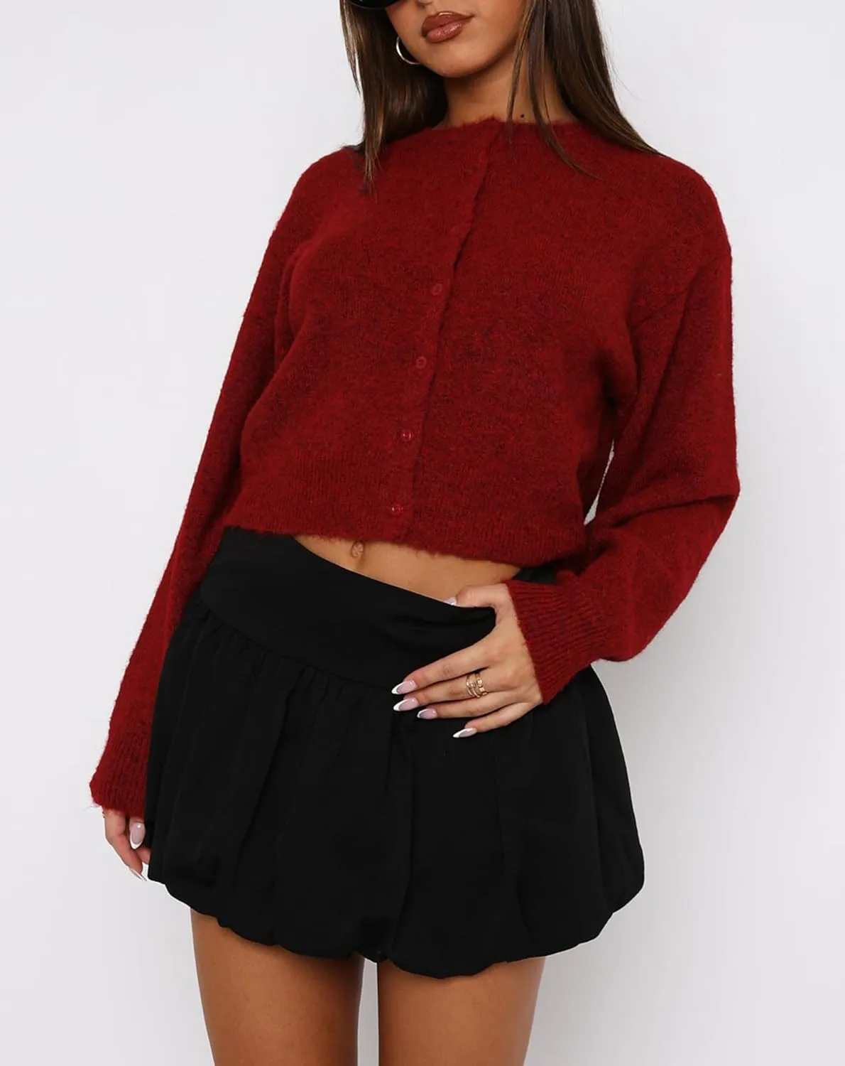 Women's Casual Crop Knit Cardigan Y2K Cute Long Sleeve Crewneck Open Front Button Down Cardigan Sweaters Streetwear