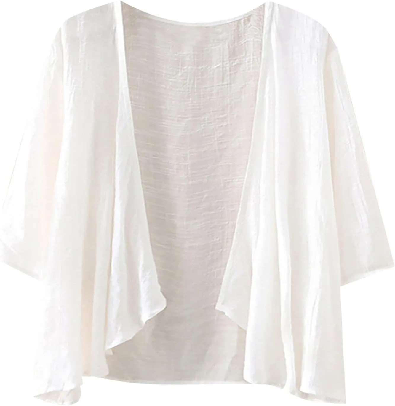 Women's Casual Linen Cotton Lightweight Open Front Cropped Cardigans Soft Ruffles Half Sleeve Sheer Cardigan (S-4XL)