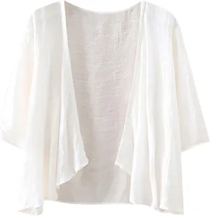 Women's Casual Linen Cotton Lightweight Open Front Cropped Cardigans Soft Ruffles Half Sleeve Sheer Cardigan (S-4XL)